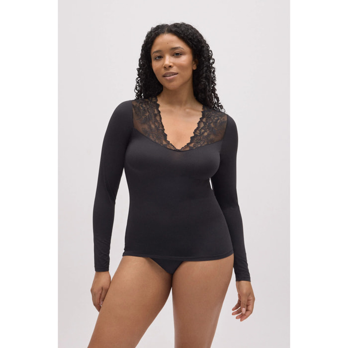 T-shirt elasticizzata a maniche lunghe con pizzo nero