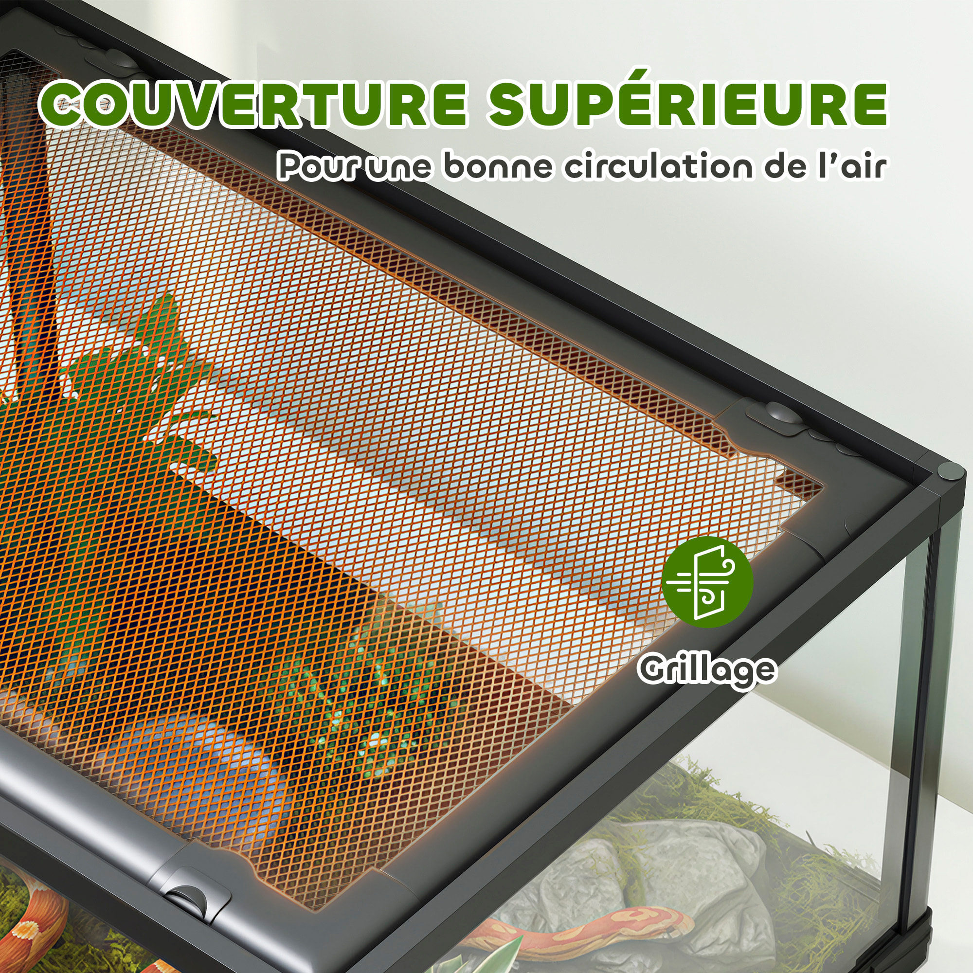 Terrarium 86L - toit maillé et porte coulissante verrouillable - 50x30x35cm - alu noir verre