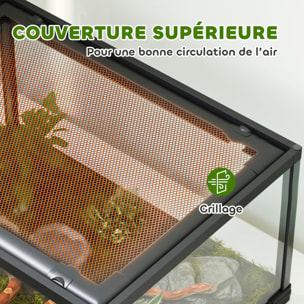 Terrarium 86L - toit maillé et porte coulissante verrouillable - 50x30x35cm - alu noir verre