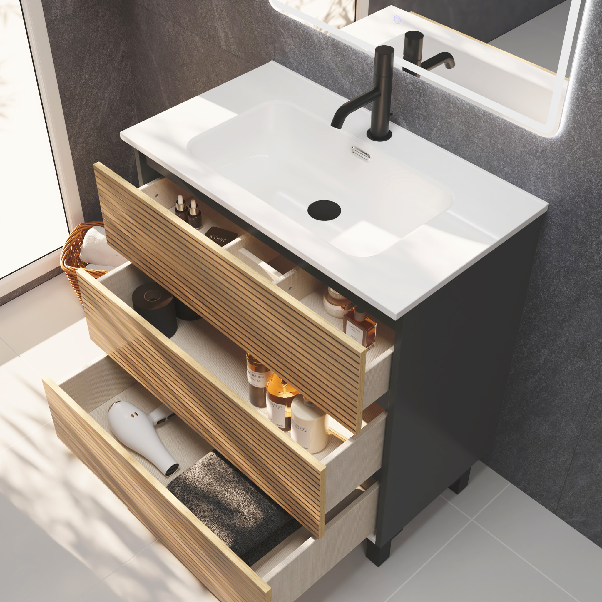 Conjunto de Baño Yinu | 80 cm Negro - Solomon | Tres Cajones | Lavabo Encastrado | No incluye Espejo | Alday