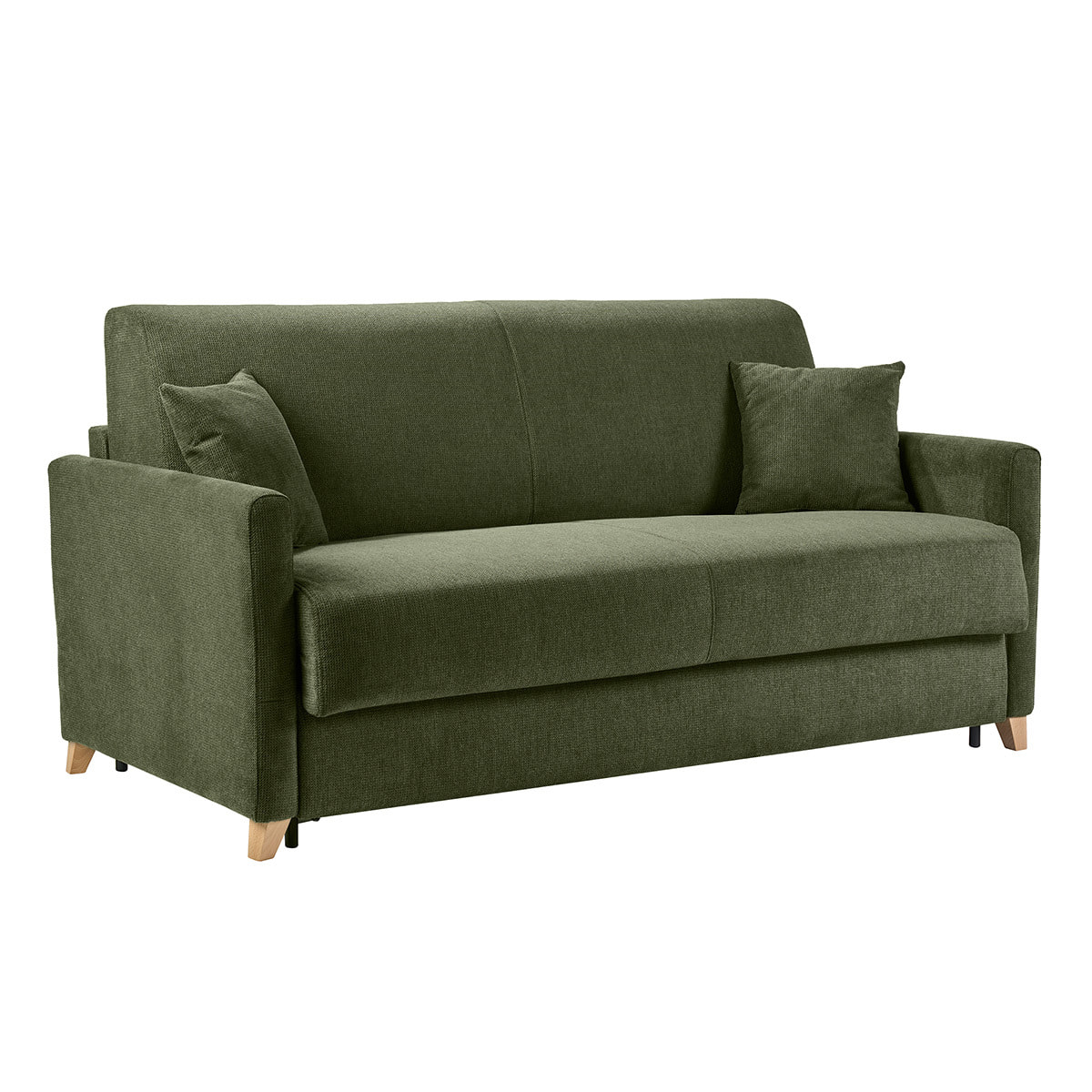 Canapé convertible 3 places en tissu chenille vert foncé et bois clair avec matelas 18 cm SKANDY
