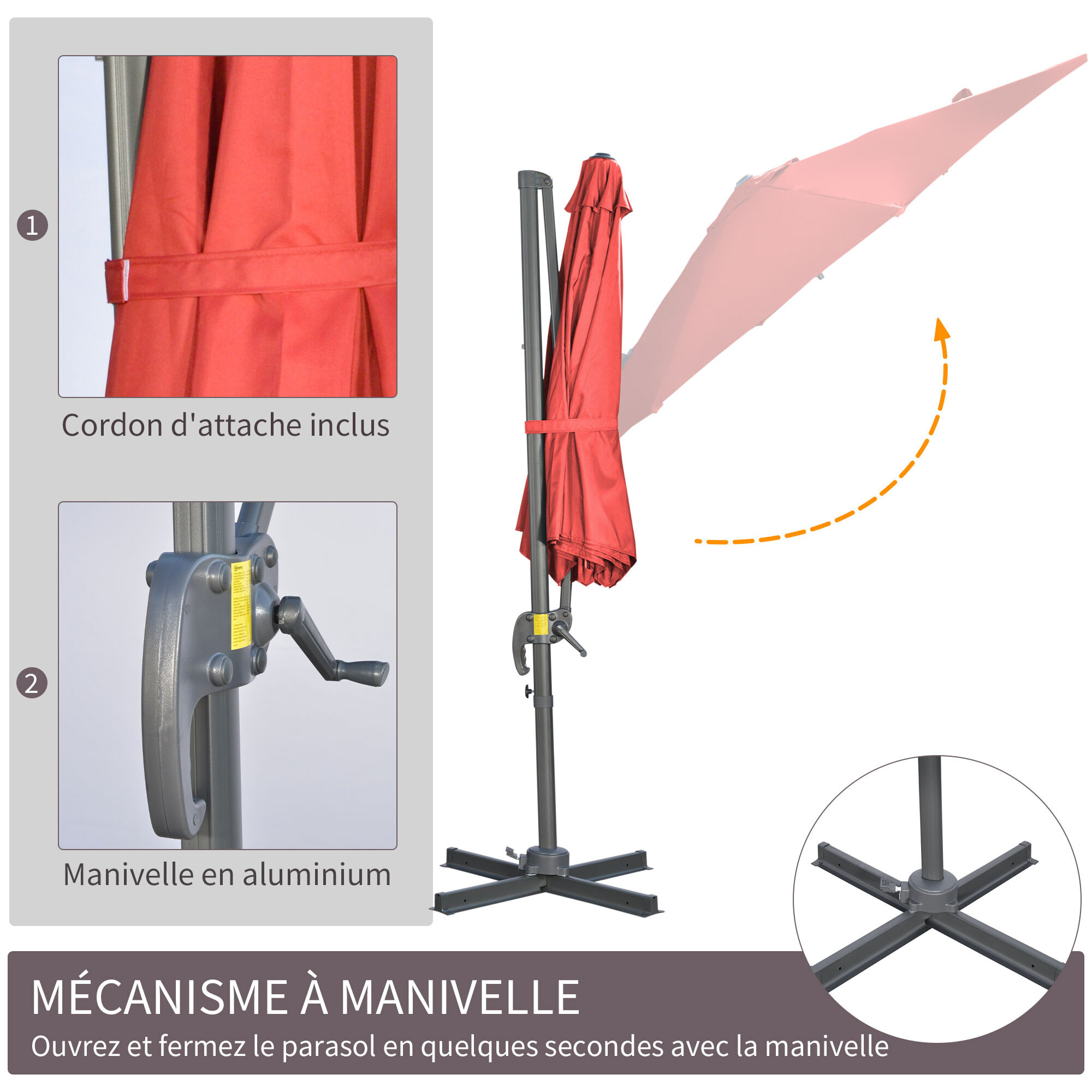 Parasol déporté octogonal inclinable manivelle avec pied en acier Ø 2,94 x 2,48H m rouge