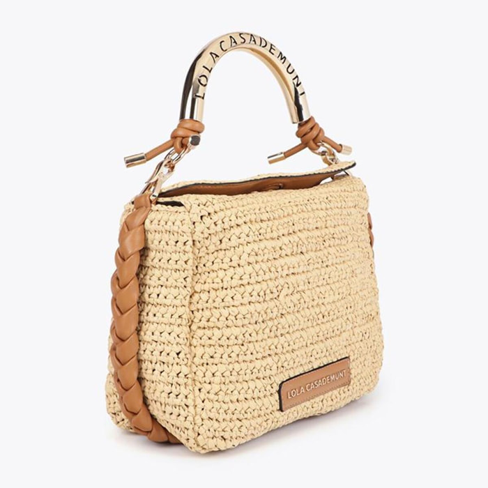 Borsa a tracolla effetto rafia combinata con manico con logo fustellato