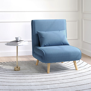 Fauteuil convertible design scandinave - fauteuil relax chauffeuse - dossier inclinable réglable, coussin - bois tissu bleu