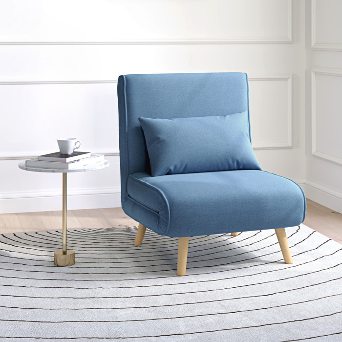 Fauteuil convertible design scandinave - fauteuil relax chauffeuse - dossier inclinable réglable, coussin - bois tissu bleu