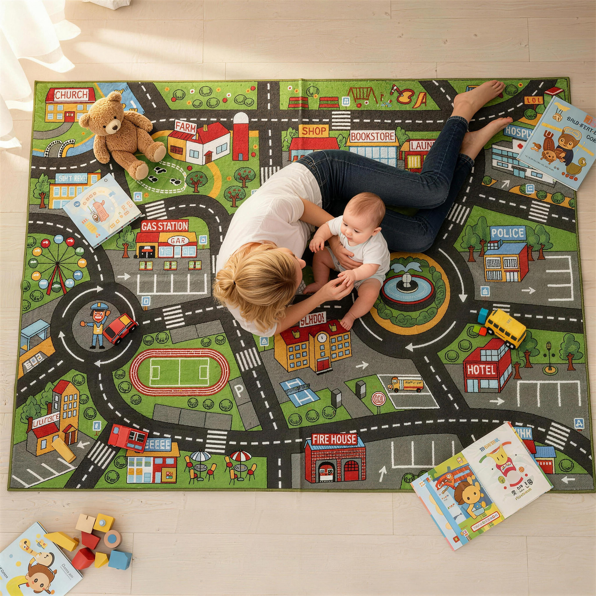 Alfombra Infantil, Carretera de Ciudad, 200x150 cm, Alfombra Educativa Antideslizante para Gateo y Jugar con Coches, para Salón y Dormitorio, Textura Suave
