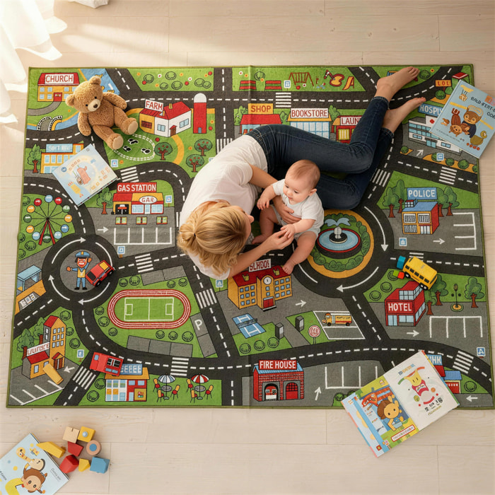 Alfombra Infantil, Carretera de Ciudad, 200x150 cm, Alfombra Educativa Antideslizante para Gateo y Jugar con Coches, para Salón y Dormitorio, Textura Suave