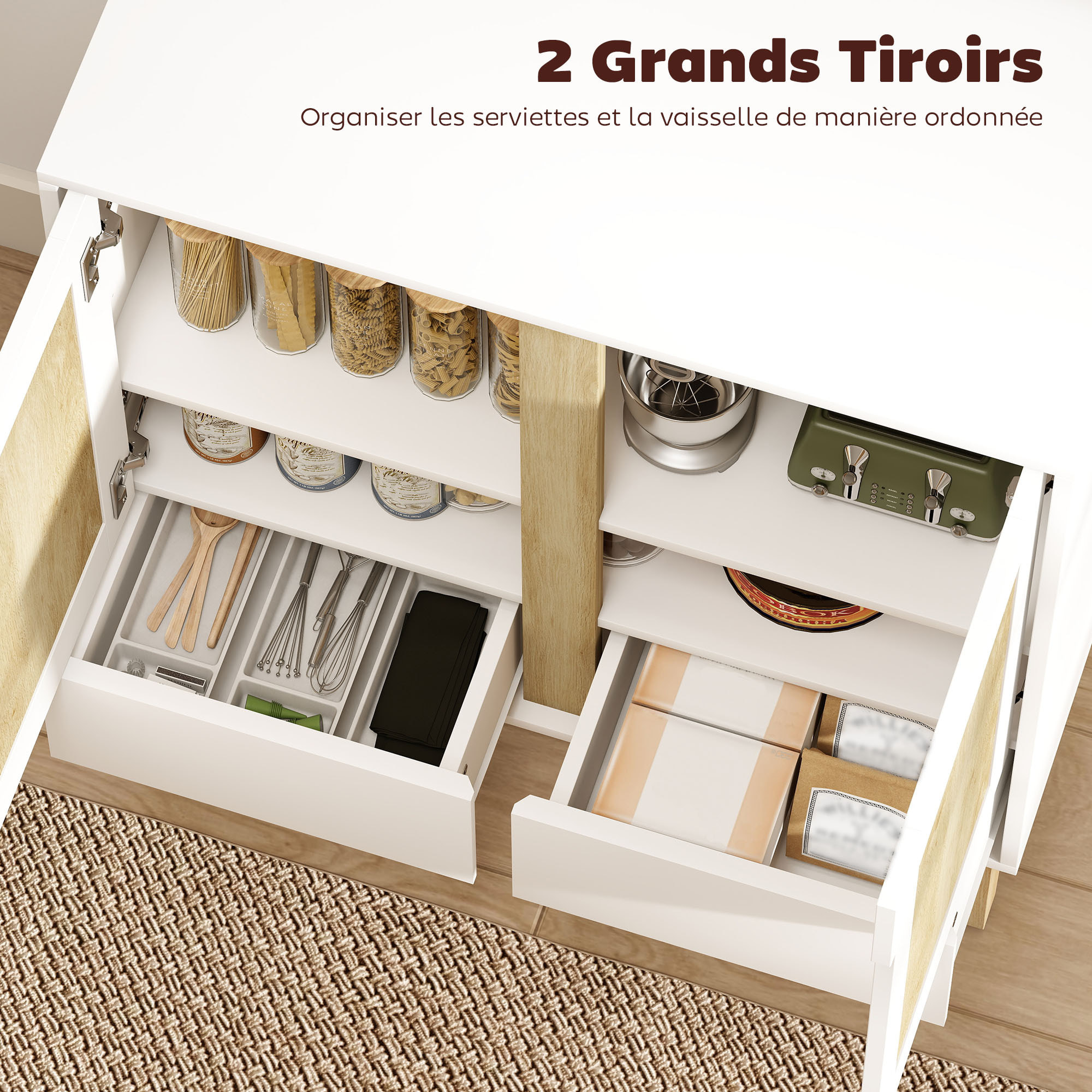 Buffet style nordique - 2 portes, étagère, 2 tiroirs - piètement bois banc effet bois clair