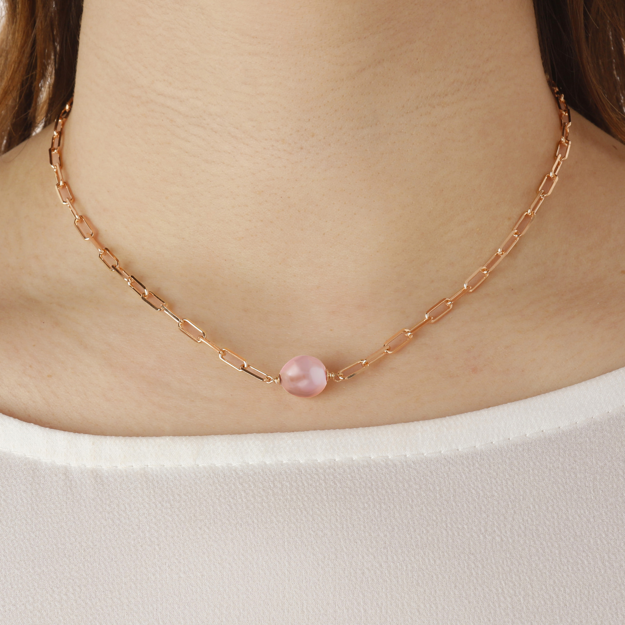 PERLAVIVA - Collana in Argento 925 placcato Oro Rosa 18Kt con Perla Rosa d'Acqua Dolce Ø 10 mm