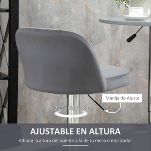 HOMCOM Juego de 2 Taburetes Altos de Cocina Tapizado en Teciopelo Taburetes de Bar con Altura Ajustable Asiento Giratorio y Reposapiés Carga 120 kg 43x45x81-101 cm Gris