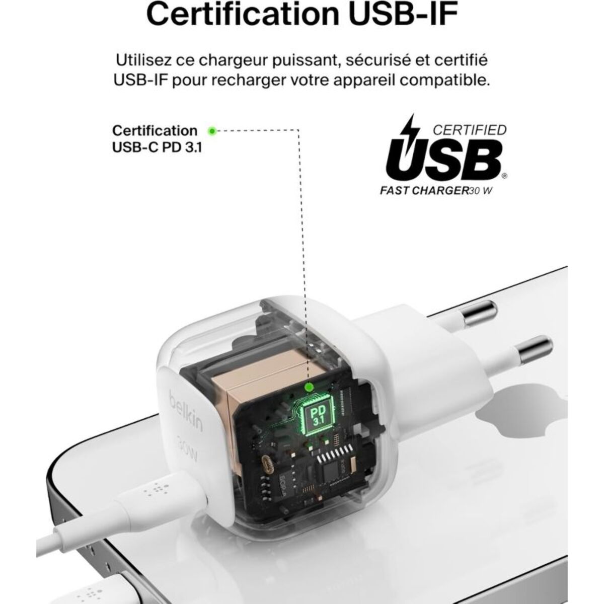 Chargeur BELKIN 30W USB charge rapide PPS Blanc