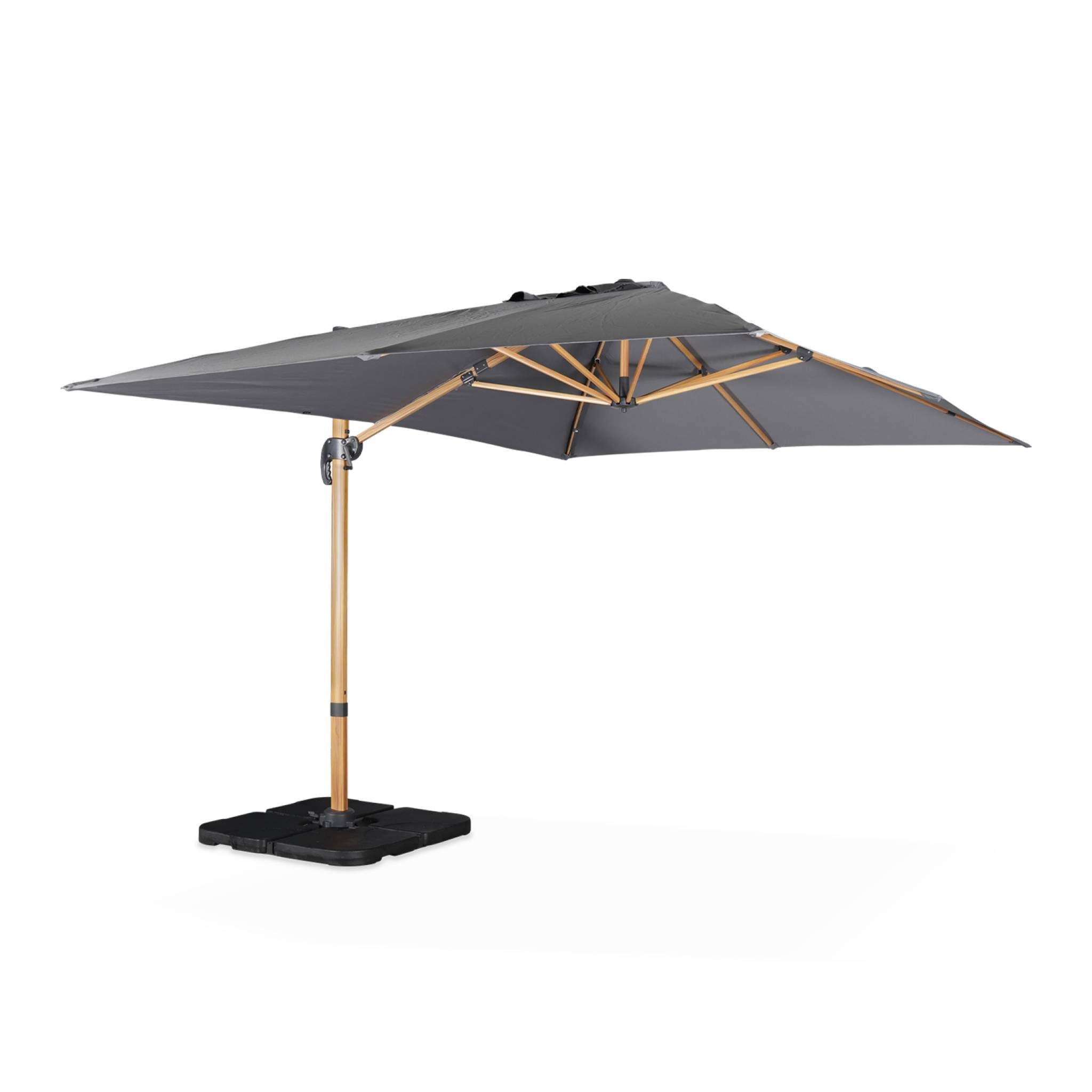 Parasol déporté rectangulaire gris 3x4m. mât effet bois + Dalles à lester 50x50cm