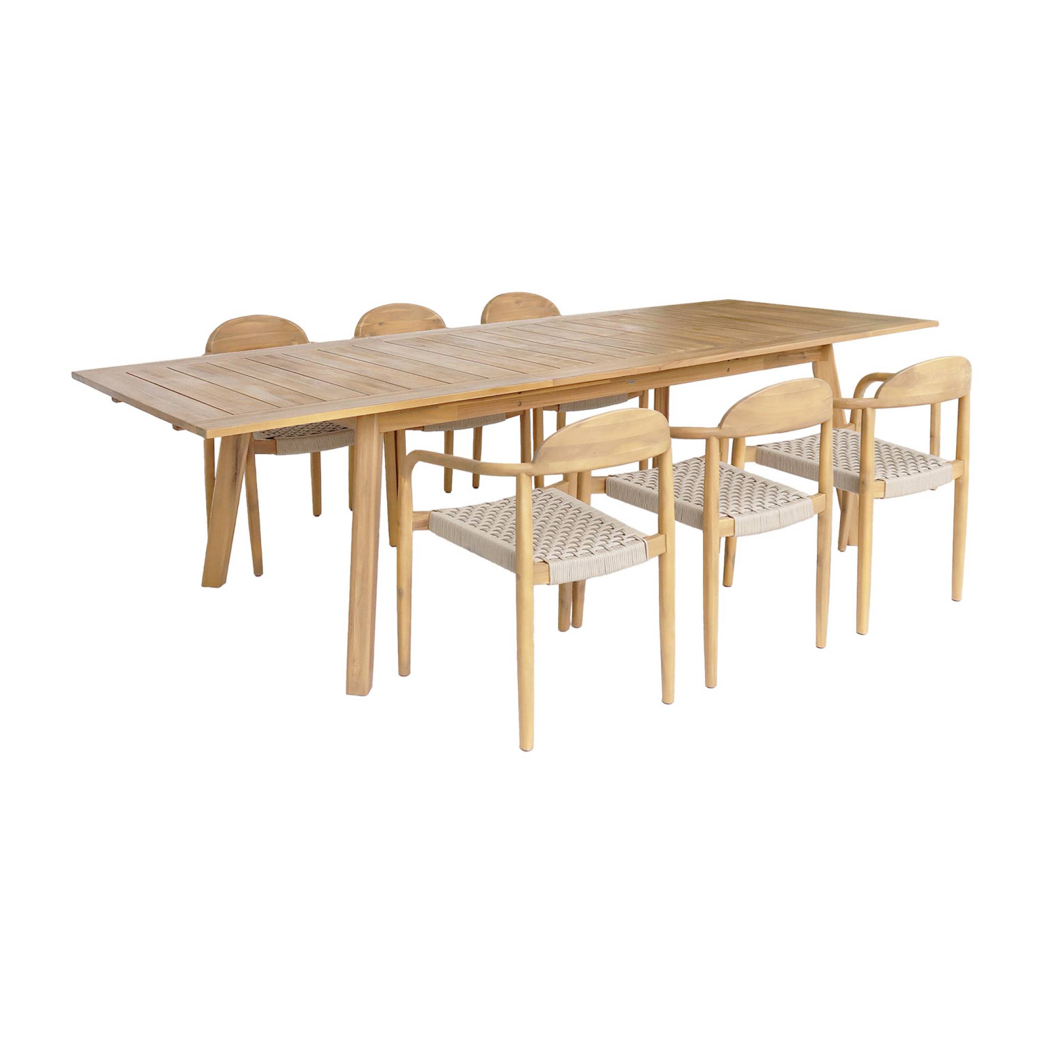Table de jardin extensible bois d'acacia + 6 assises en résine couleur naturel Palena + Cerina