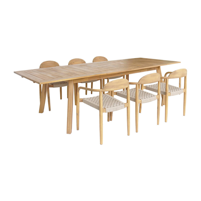 Table de jardin extensible bois d'acacia + 6 assises en résine couleur naturel Palena + Cerina