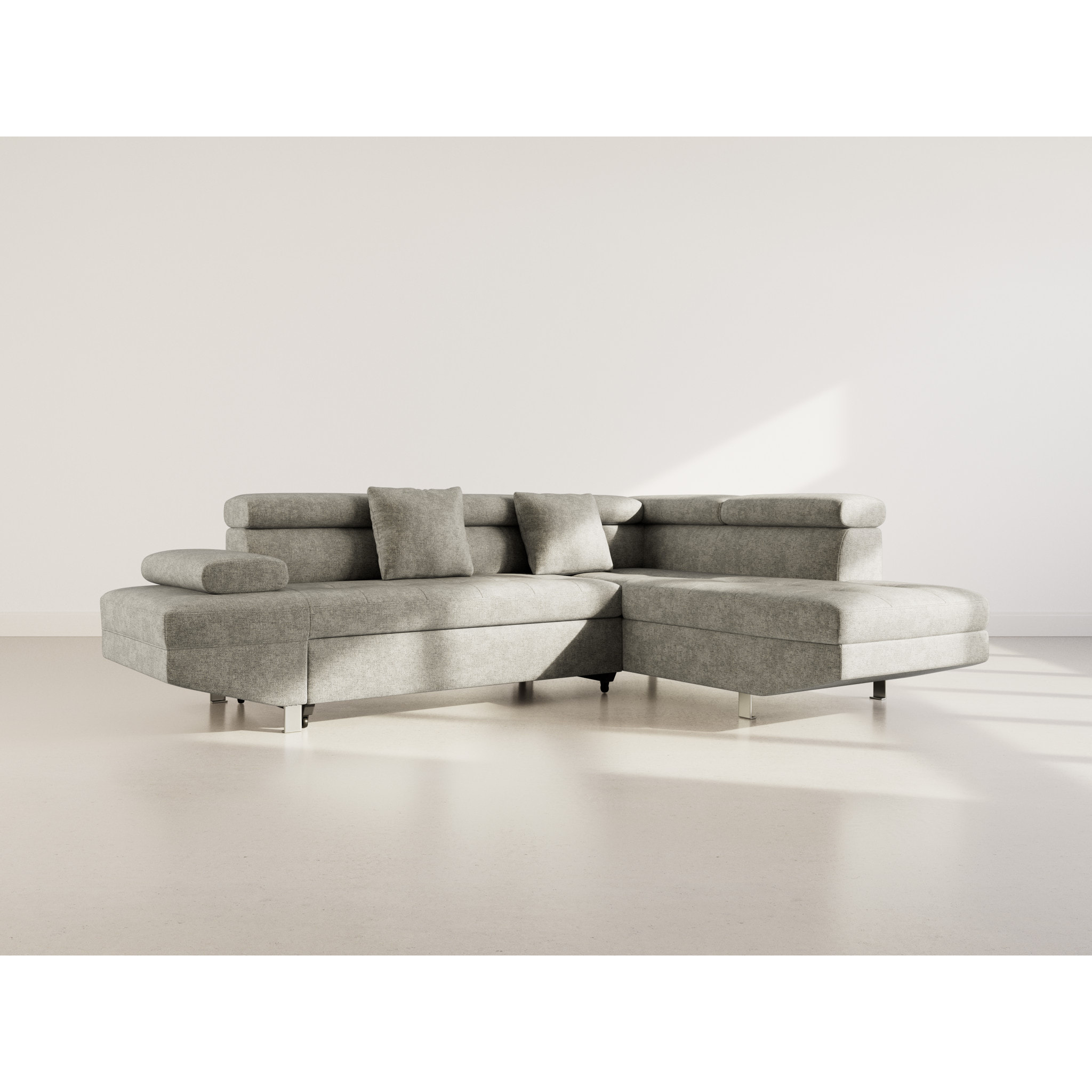 Margaux - Canapé d'angle droit 5 places convertible avec coffre et têtières réglables en velours texturé - Vert