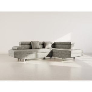 Margaux - Canapé d'angle droit 5 places convertible avec coffre et têtières réglables en velours texturé - Vert