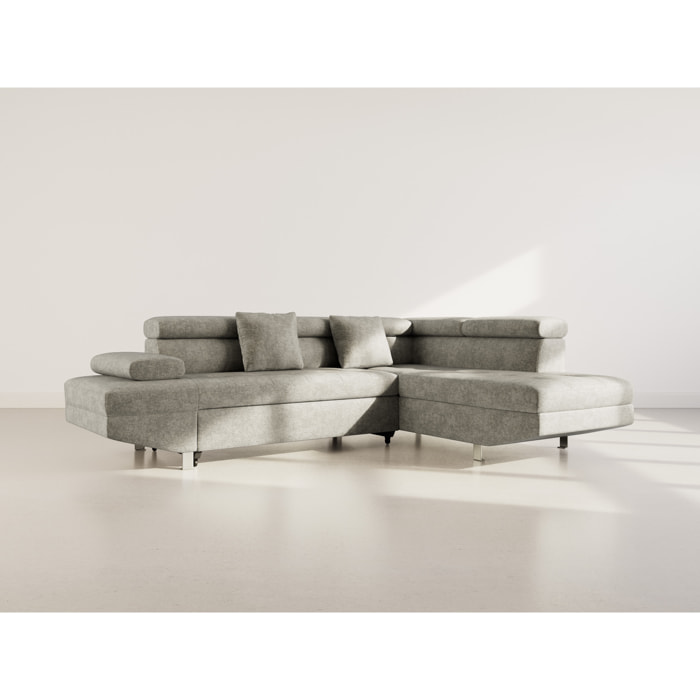 Margaux - Canapé d'angle droit 5 places convertible avec coffre et têtières réglables en velours texturé - Vert