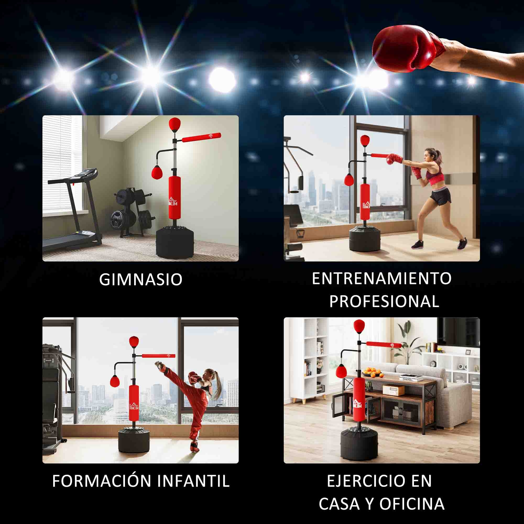 Saco de Boxeo de Pie, 160-230 cm, Saco de Boxeo con Barra Giratoria de 360°, 2 Bolas de Velocidad y Base Rellenable, Punching Ball para Adultos y Niños, Entrenamiento MMA, Muay Thai, Rojo