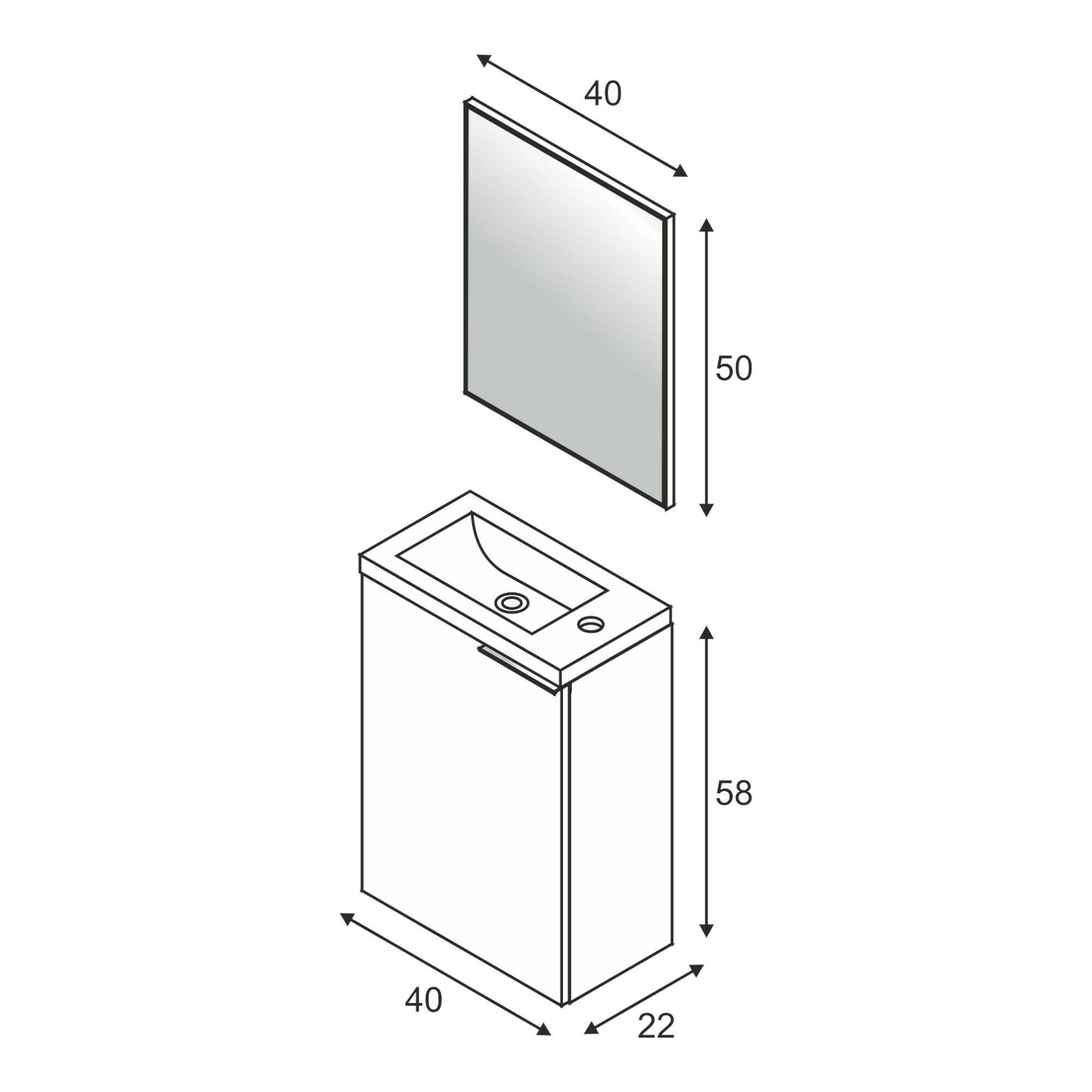 Mobile sottolavabo Akamaru, Mobiletto per bagno sospeso, Armadio a 1 anta con specchio e lavabo, 40x22h58 cm, Rovere