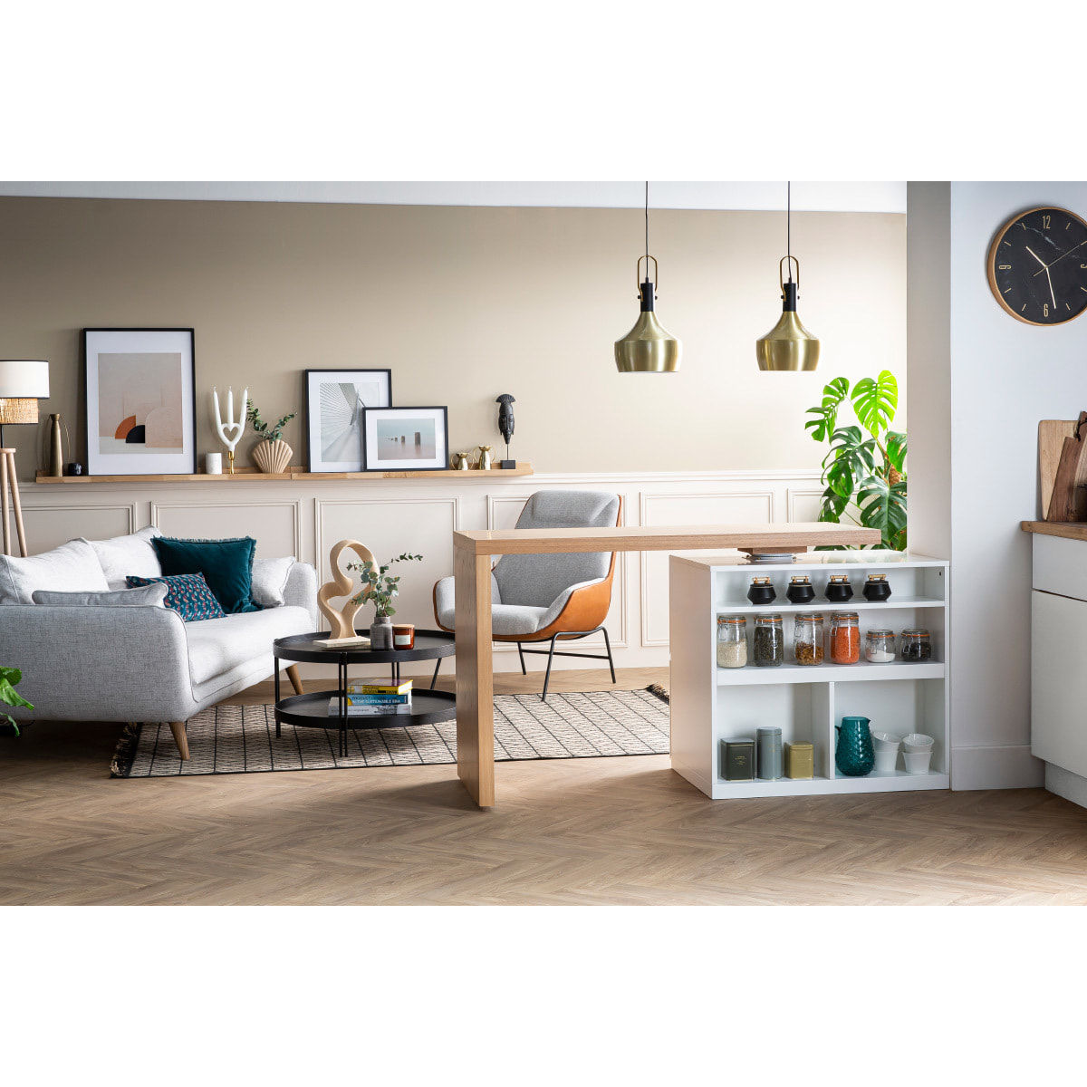 îlot - table de bar modulable avec rangement blanc mat et bois clair chêne L140-165 cm MAX