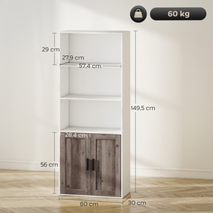 Estantería para Libros Estrecha, Librería con Puertas, Estantes Abiertos y Armario con Balda Ajustable, para Salón, Estudio, Oficina, 60x30x149,5 cm, Blanco y Marrón