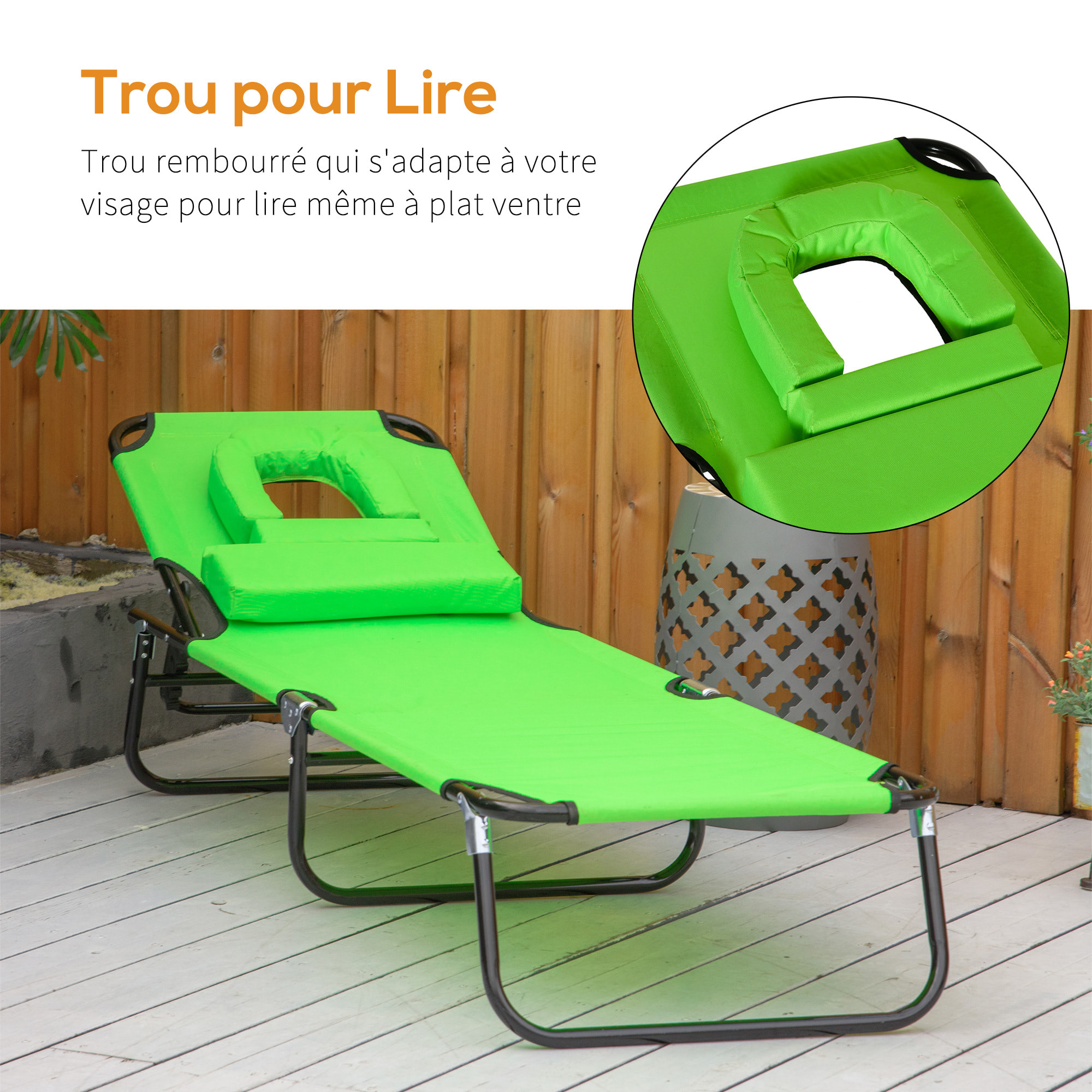 Bain de soleil pliable transat inclinable 4 positions chaise longue de lecture 3 coussins fournis vert