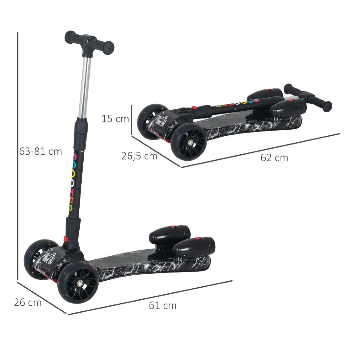 Trottinette pliable 3 roues pour enfant roues lumineuses pulvérisation arrière d'eau fonction musicale noir dim. 61L x 26l x 63-81H cm