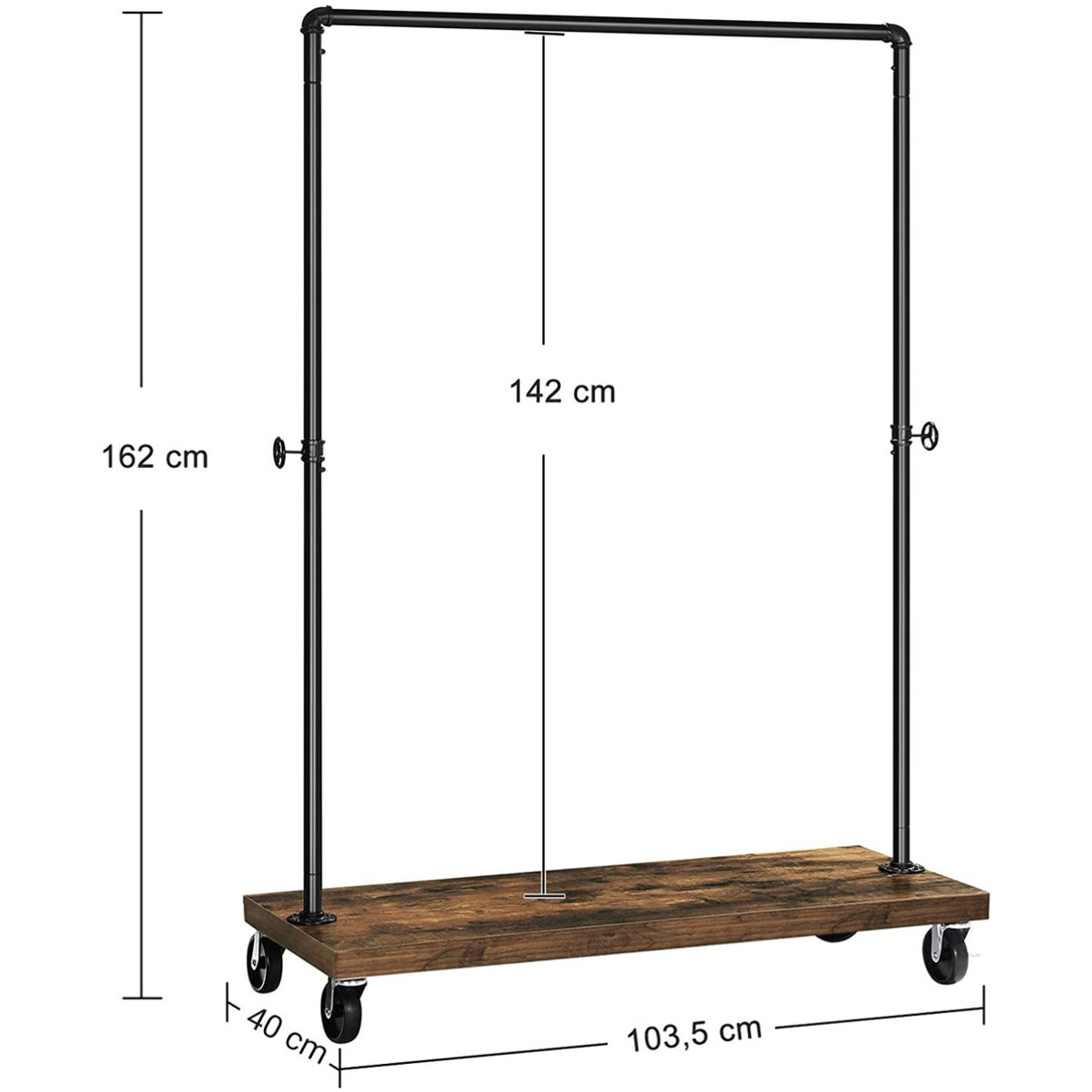 Stender appendiabiti industriale con ruote e ripiano in legno