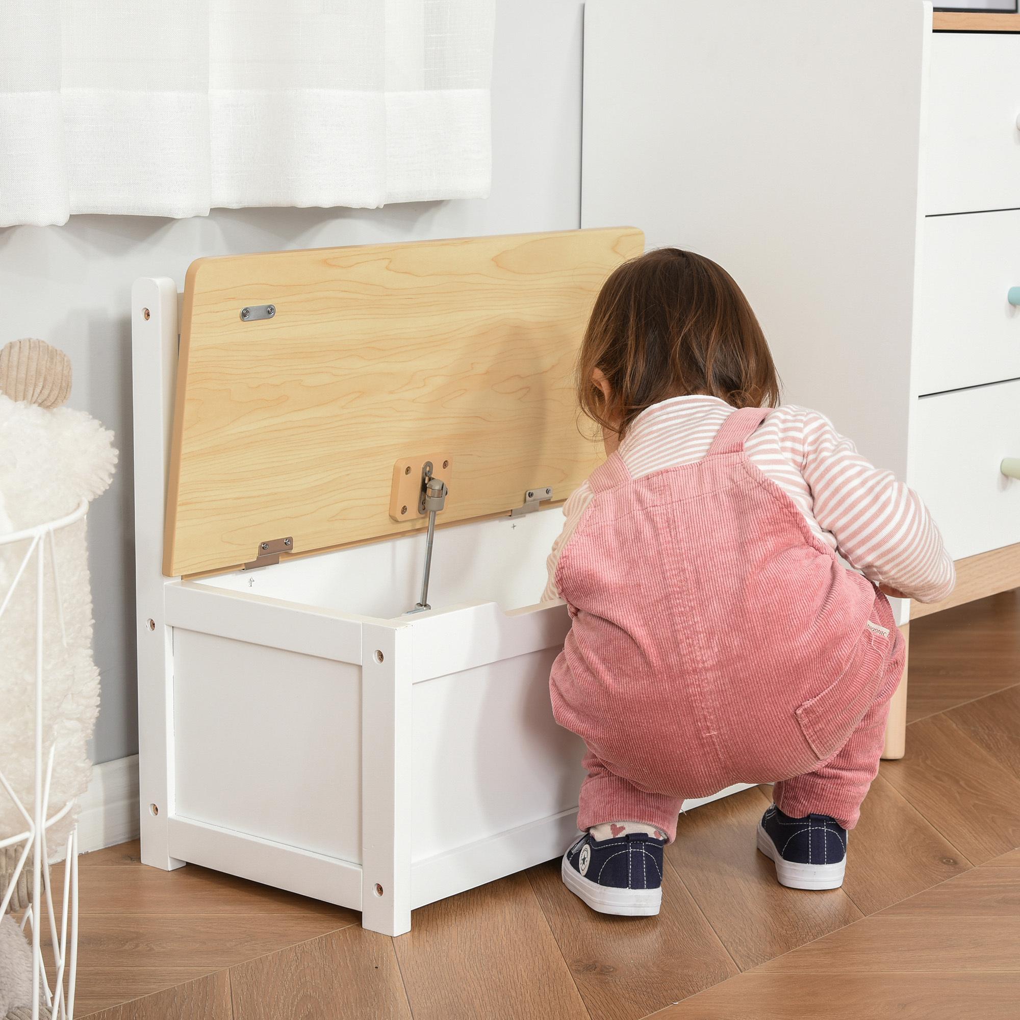 Baúl de Juguetes Banco Almacenamiento Infantil de Madera de Pino con Tapa Amortiguadora y Respaldo Alto para Niños de +2 Años Salas de Juego Habitación 60x30x50 cm Blanco