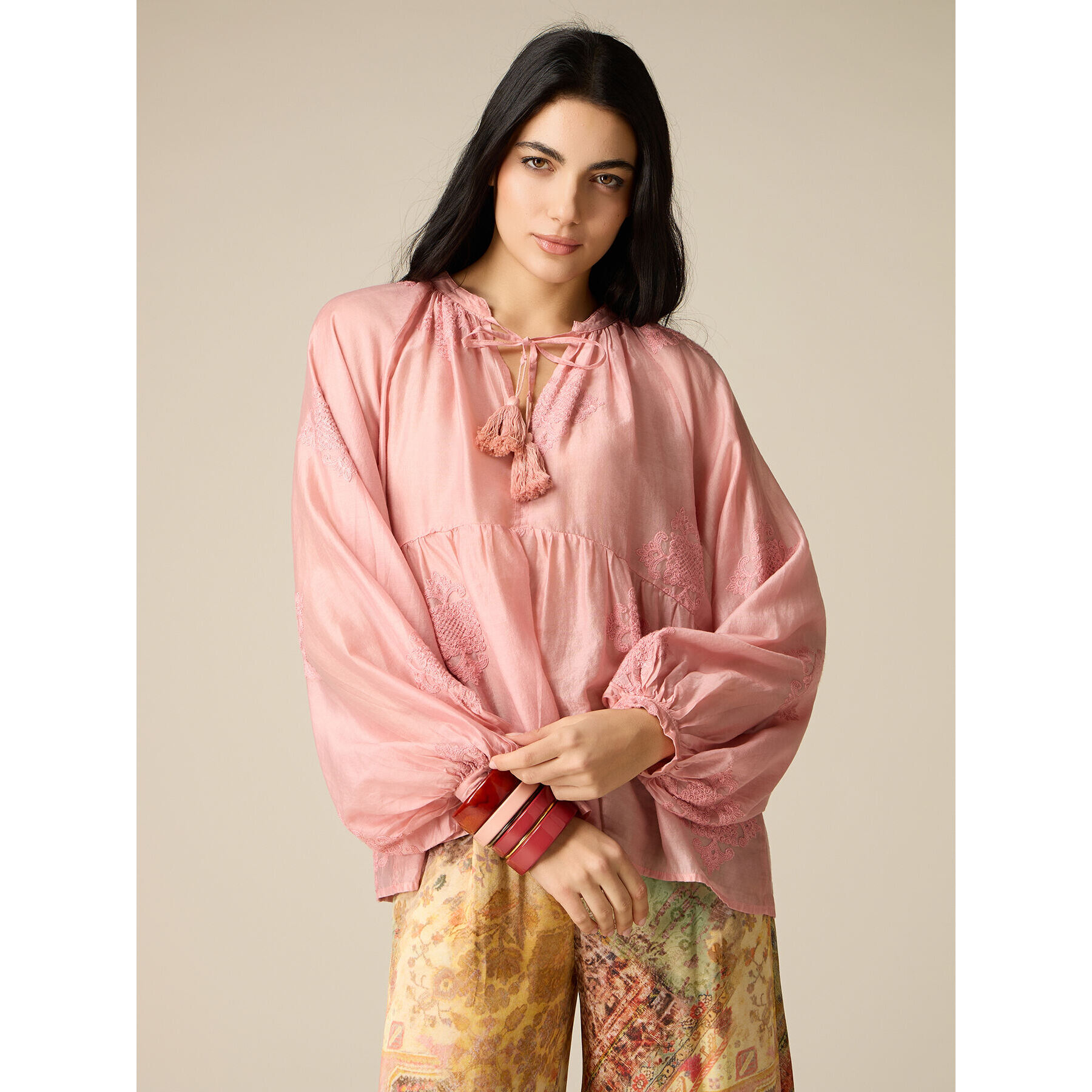 Oltre - Blusa misto lyocell con ricami - Rosa