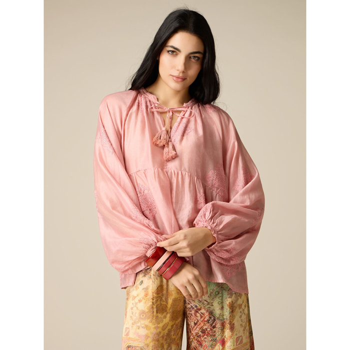 Oltre - Blusa misto lyocell con ricami - Rosa