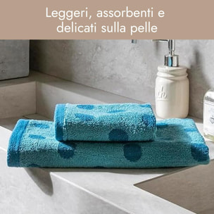 INTRECCI HOME Set Bagno Asciugamani Viso+Ospite, in Puro Cotone 450, Morbidezza Extra, Lavorazione Jacquard, Design a Pois, Elegante e Confortevole