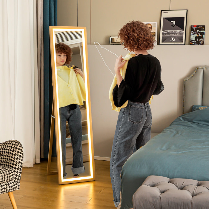Grand miroir LED pleine longueur 40 x 160 cm autoportant ou à fixer - 3 couleurs luminosité réglable - effet bois