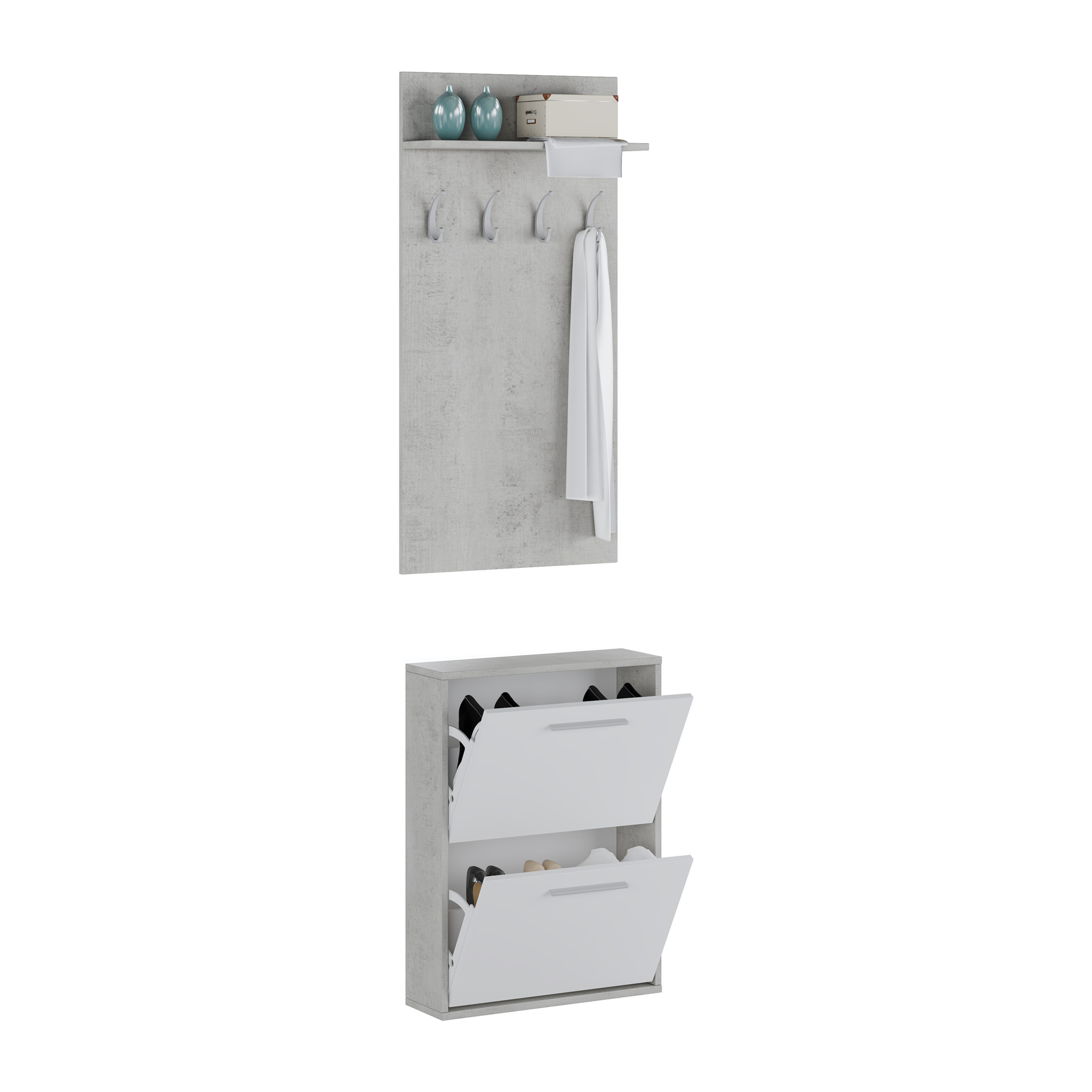 Set Ingresso Salvaspazio con Scarpiera 2 Ribalte e Appendiabiti da Parete Mensola Mobile Moderno Portascarpe 54x73x18 Cm Bianco Grigio Cemento