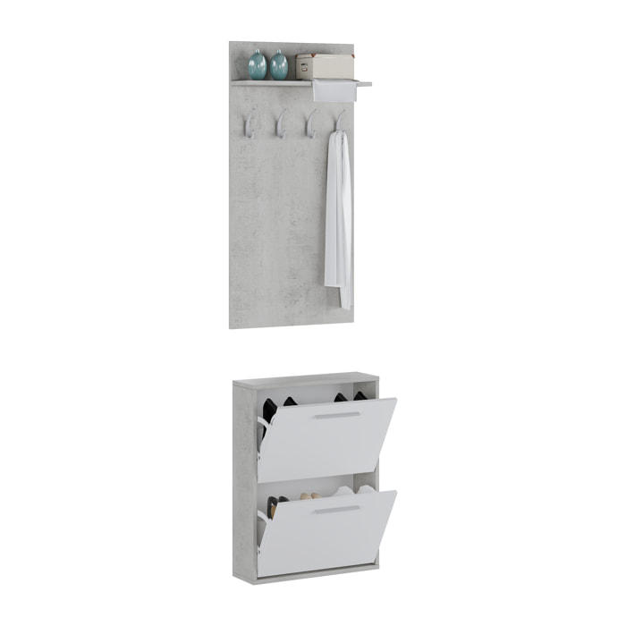Set Ingresso Salvaspazio con Scarpiera 2 Ribalte e Appendiabiti da Parete Mensola Mobile Moderno Portascarpe 54x73x18 Cm Bianco Grigio Cemento