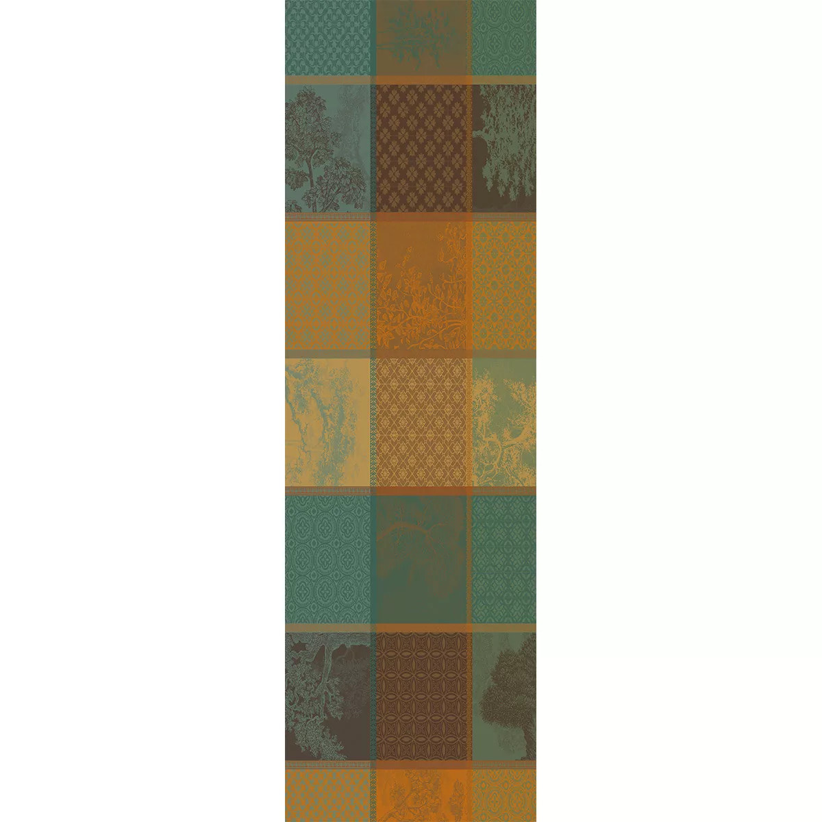 Chemin de table pur coton 220 g/m² motif jacquard brun vert Mille trees foret