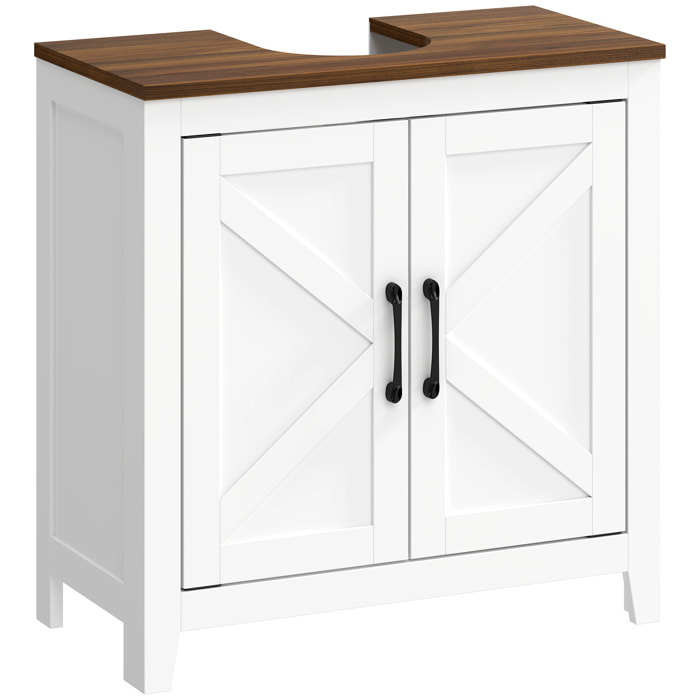 HOMCOM Mueble Bajo Lavabo, Mueble de Baño con Estante Ajustable, 2 Puertas Tipo Granero y Recorte en U, Estilo Rústico, para Lavabo con o sin Pedestal, 60x30x61,3 cm, Blanco y Nogal