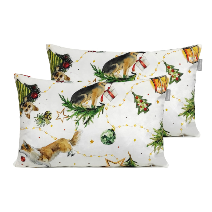 Lot de 2 housses de coussin en velour de Noël PUPPIES 30x50 cm