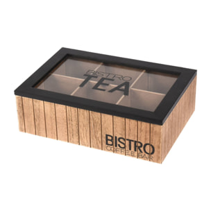 Well home caja de té con 6 compartimentos de diseño bistro en mdf con tapa de cristal 24x16,5x7,5cm