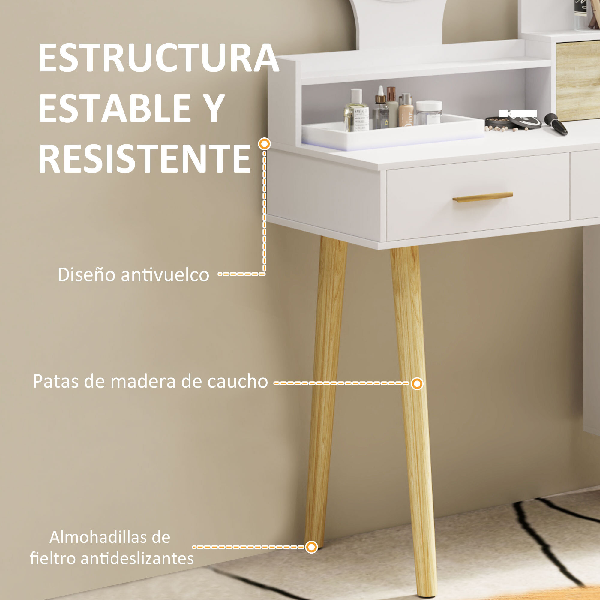 Tocador de Maquillaje con Espejo y Luces LED Mesa de Maquillaje con Iluminación Ajustable 5 Cajones y 4 Compartimentos Tocador para Dormitorio Salón Blanco