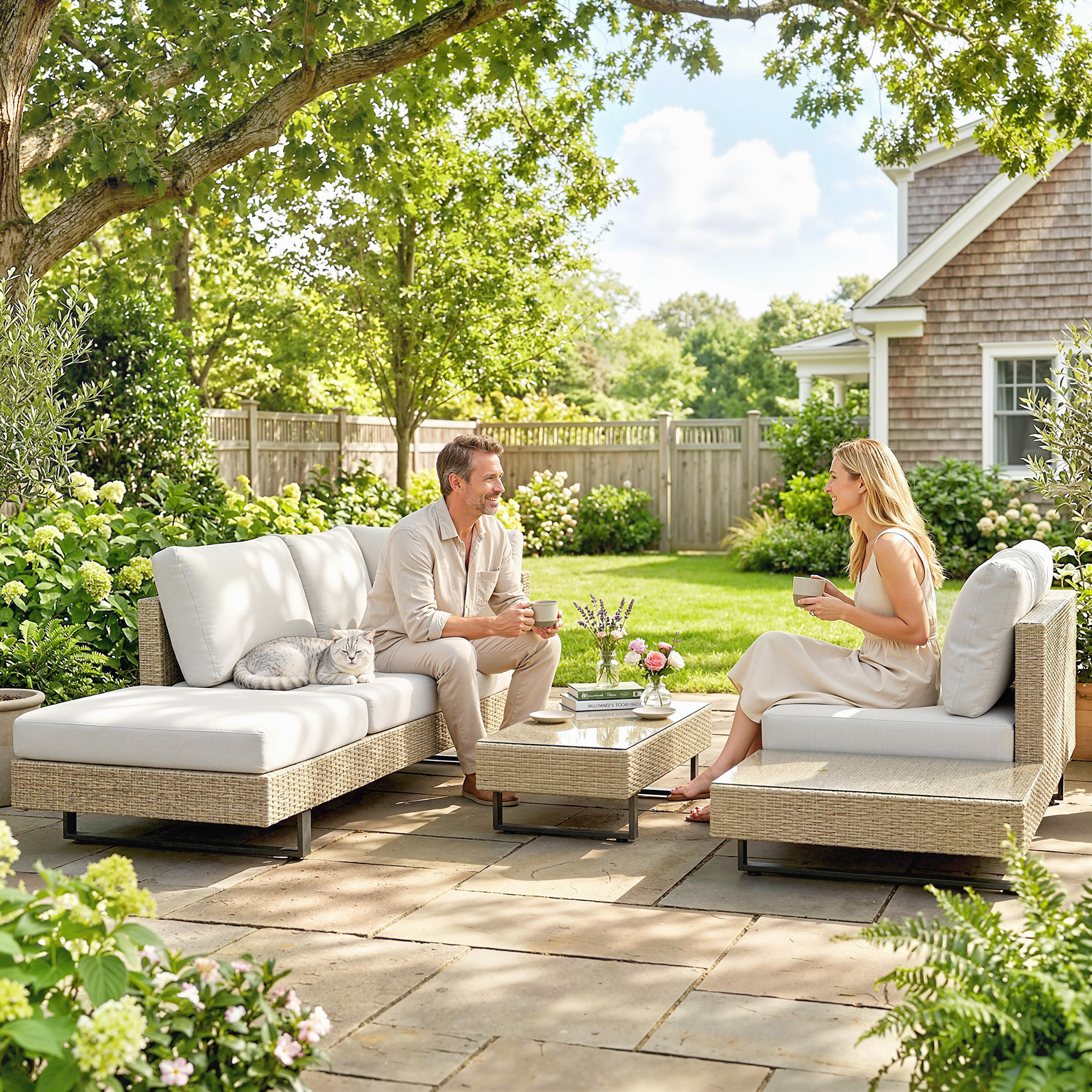 Conjunto de Jardín de Ratán de 3 Piezas, Conjunto Terraza Resistente, Muebles Jardín Exterior Incluye Cojines, Sofá de 3 Plazas, Sofá de 2 Plazas con Mesa Lateral, Mesa Centro de Vidrio Beige