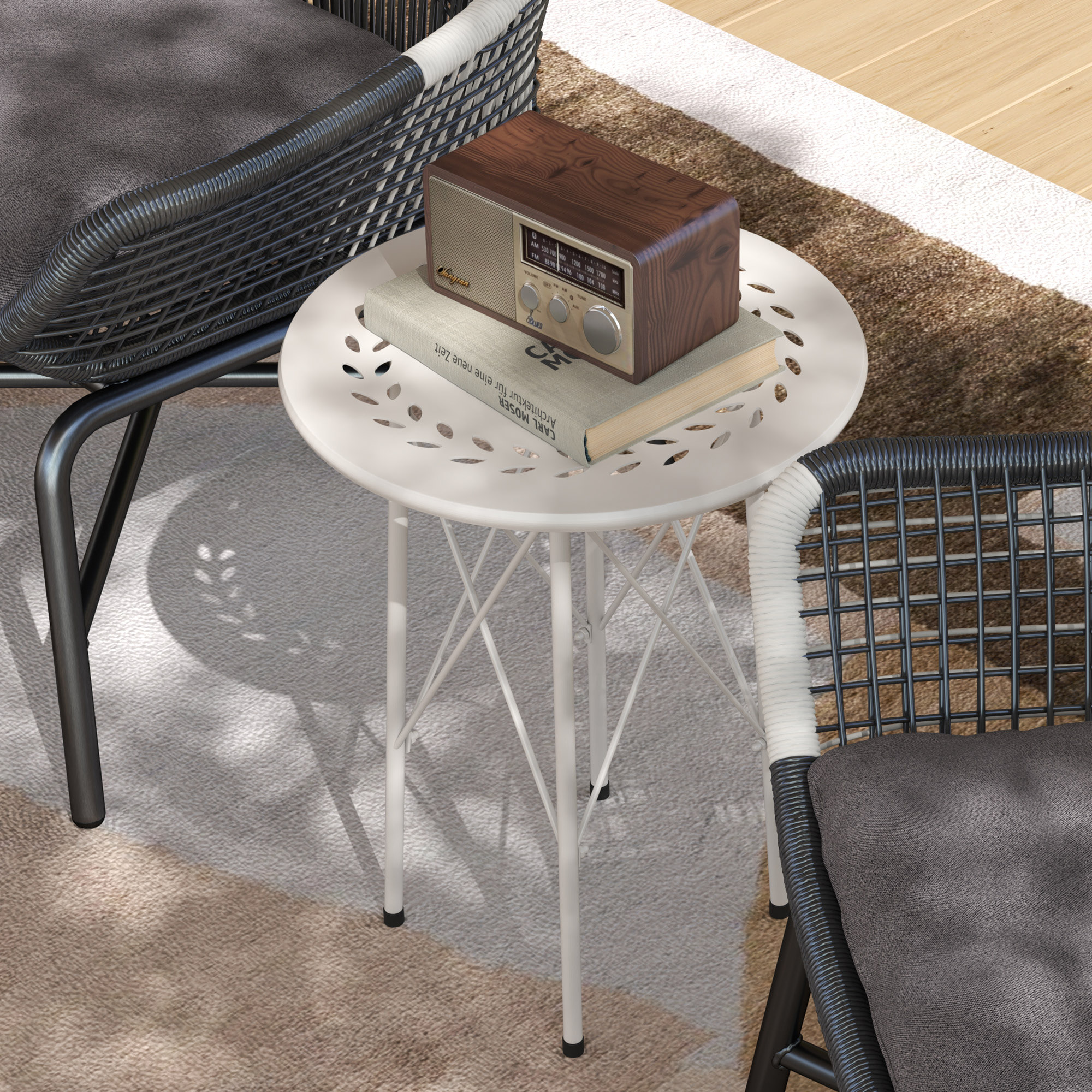 Mesa de Jardín Redonda Mesa de Terraza Exterior Ø40x50 cm con Patas Ajustables y Estructura en Forma de X Mesa para Exterior e Interior Blanco