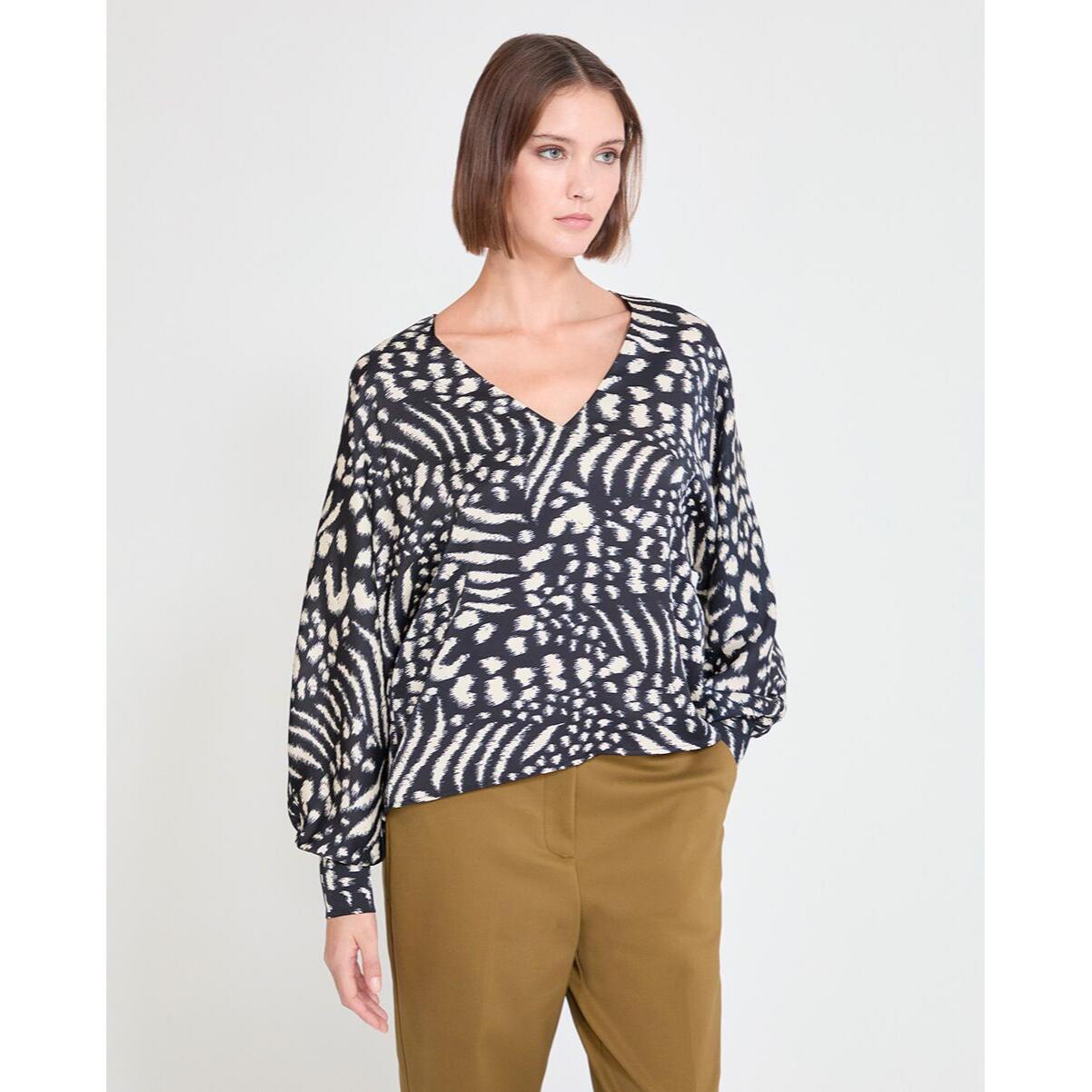 Blusa stampata con maniche a sbuffo e scollo a V