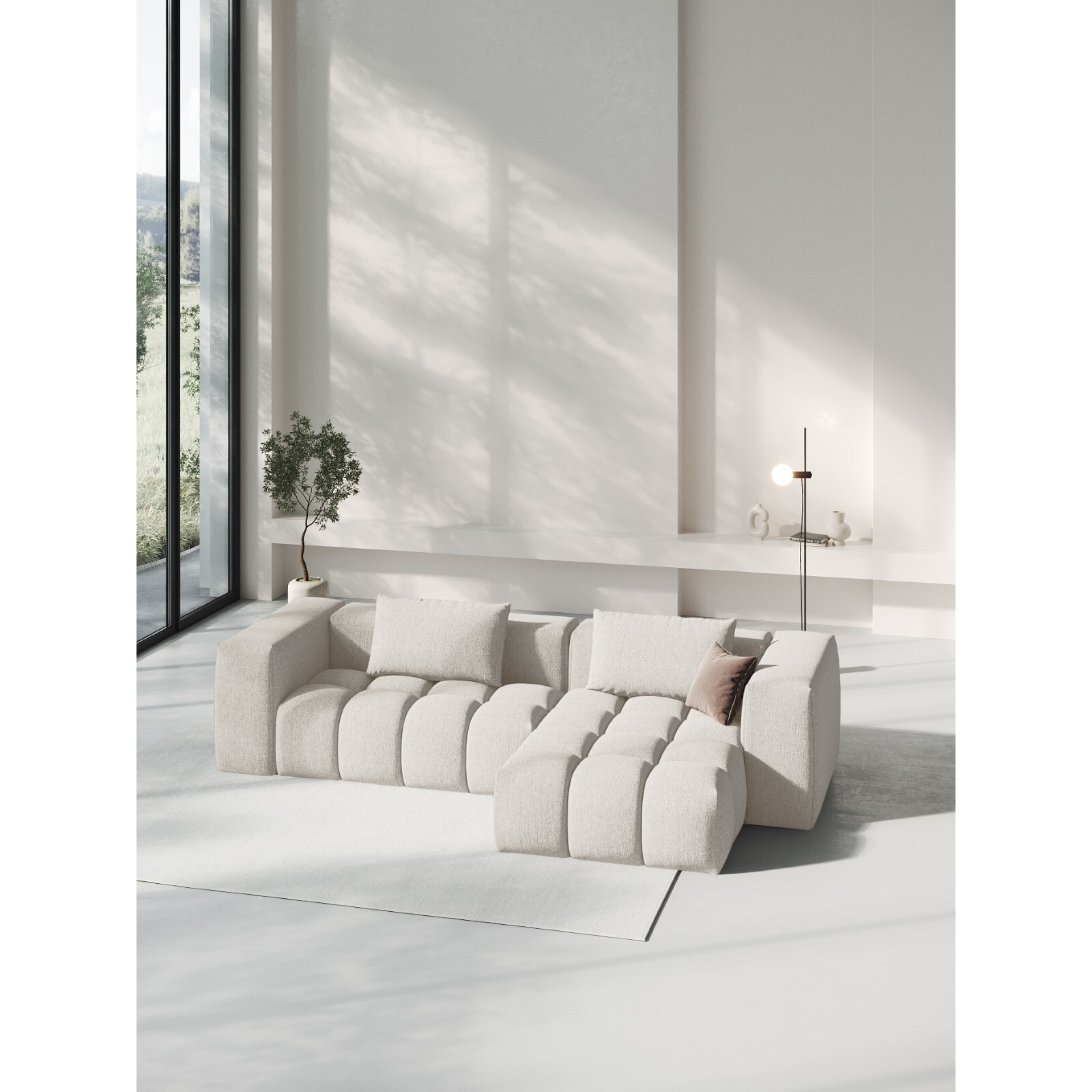 Canapé d'angle droit modulable "Lorella" 3 places en tissu structurel beige