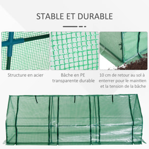 Mini serre de jardin 270L x 90l x 90H cm acier PE haute densité 140 g/m² anti-UV 3 fenêtres avec zip enroulables vert