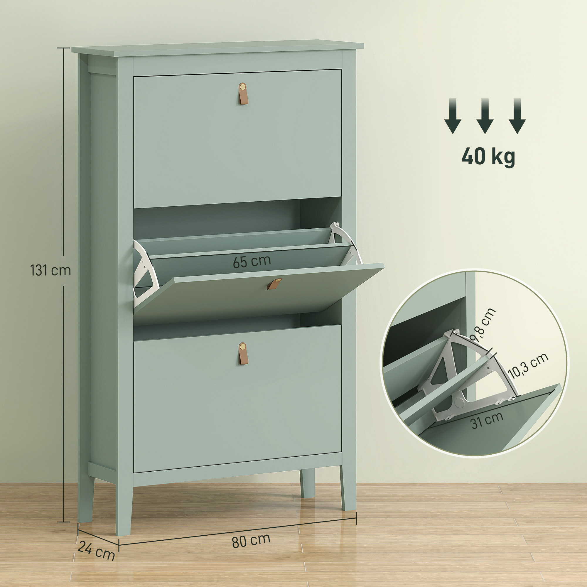HOMCOM Zapatero Estrecho 3 Puertas, Zapatero Entrada Recibidor, Estantes Ajustables, Tiradores de PU, para 21 Pares de Zapatos, para Pasillo, Espacios Reducidos, 80x24x131 cm, Verde Claro