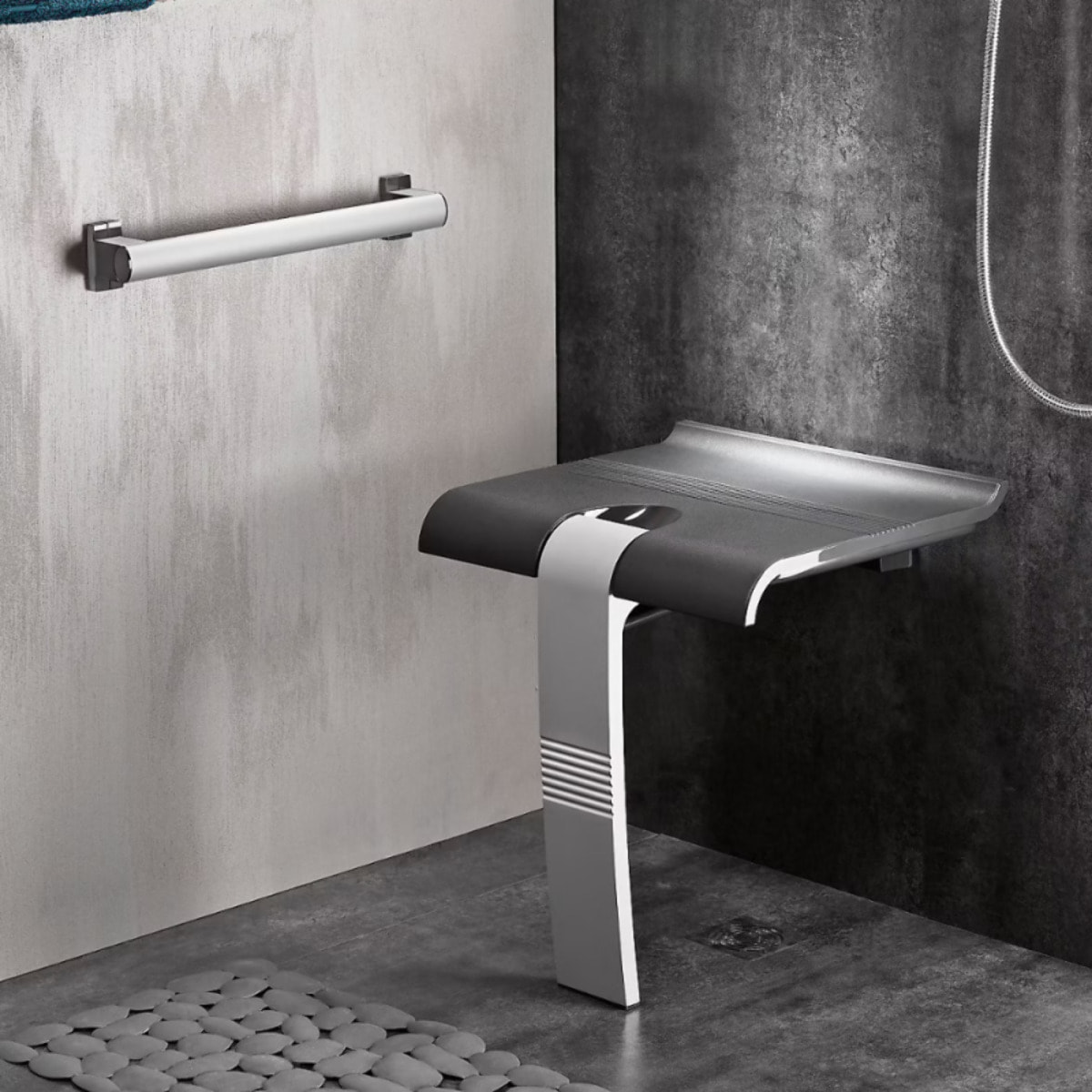 Siège de douche PMR PELLET Design escamotable gris anthracite piètement aluminium époxy gris