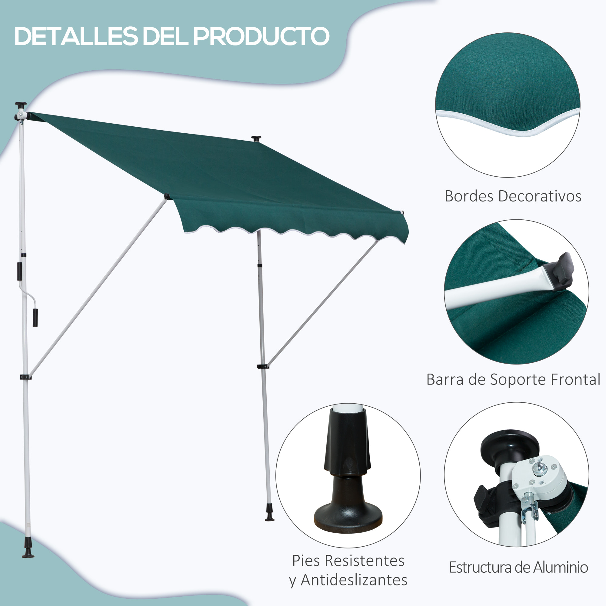 Toldo Balcón Altura Ajustable De Aluminio 2x1.5m Verde