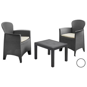 Set salotto da esterno Foggia, Set da giardino con 2 poltrone ed 1 tavolino, Salottino effetto rattan con cuscini, 100% Made in Italy, Antracite