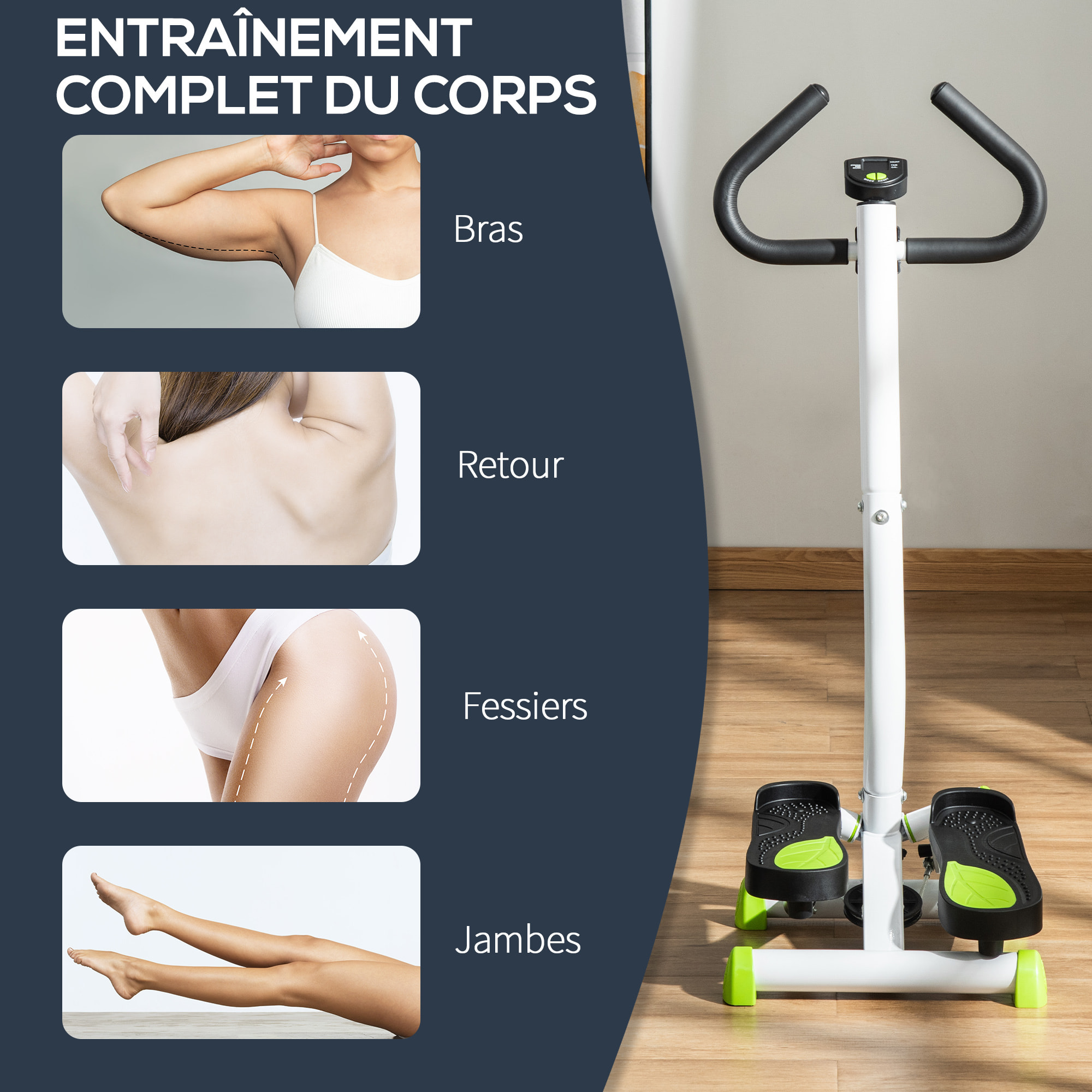 Stepper Fitness avec guidon ergonomique - écran LCD multifonction - résistance réglable - acier blanc vert noir